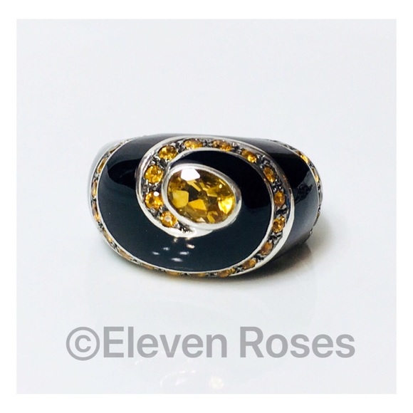 Large Sterling Enamel Citrine Domed Cocktail Ring